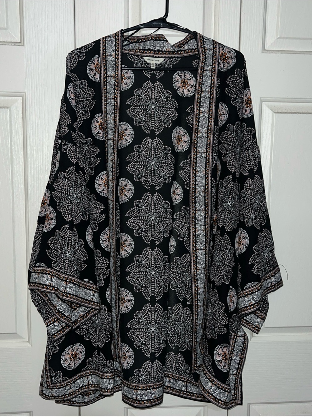 Max Studio Black Kimono Cardigan with Pink and Orange Print 1X